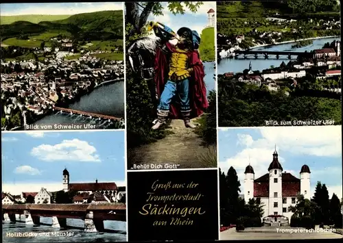 Ak Bad Säckingen am Hochrhein, Holzbrücke, Münster, Schweizer Ufer, Trompeterschlößchen