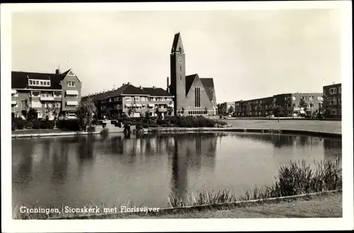 Ak Groningen Niederlande, Sionskerk met Florisvijver