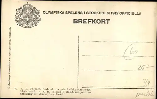 Ak Diskuswerfer A. R. Taipale, Olympia Sieger 1912, Olympiade Stockholm