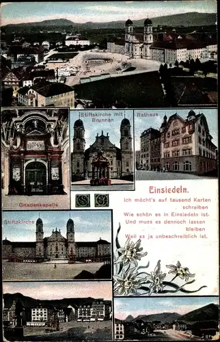 Ak Einsiedeln Kanton Schwyz Schweiz, Stiftskirche mit Brunnen, Rathaus, Gnadenkapelle, Panorama