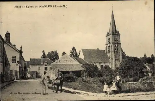 Ak Marles en Brie Seine et Marne, La Place, Eglise