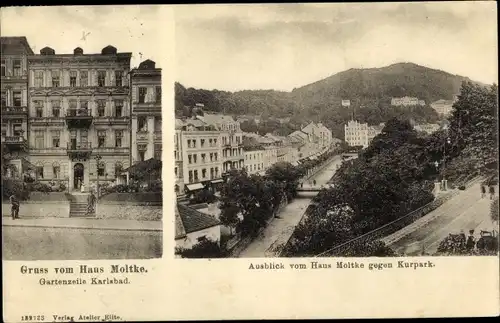 Ak Karlovy Vary Karlsbad Stadt, Haus Moltke, Gartenzeile, Kurpark