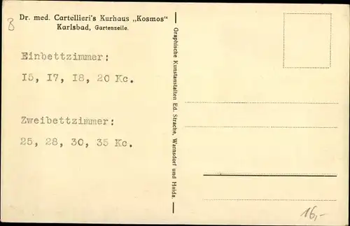Ak Karlovy Vary Karlsbad Stadt, Kurhaus Kosmos, Dr. med. Cartellieri, Gartenzeile