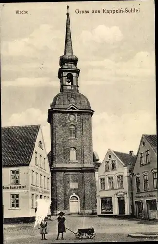 Ak Kappeln an der Schlei, Kirche, Restaurant, Geschäft Fr. Jessen, Ad. Jacobsen