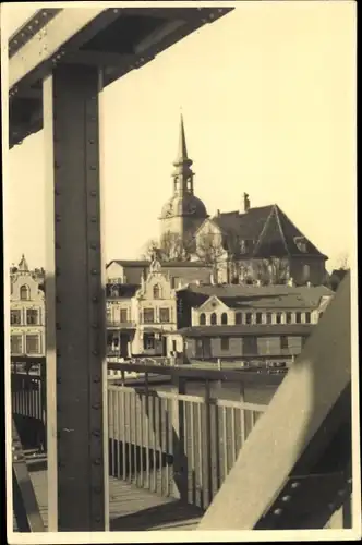 Foto Ak Kappeln an der Schlei, Kirche von der Brücke gesehen