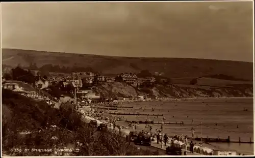 Ak Swanage Dorset England, Strand und Küstenpanorama, Cafe