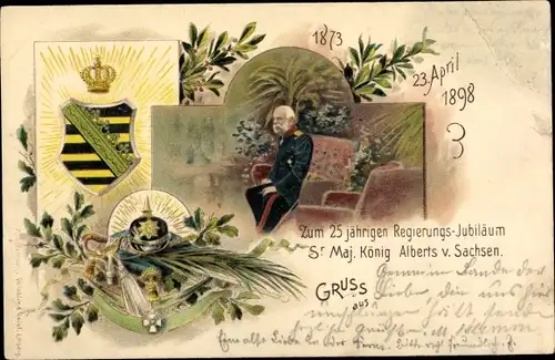 Wappen Litho König Albert von Sachsen, 25. Regierungsjubiläum 1898