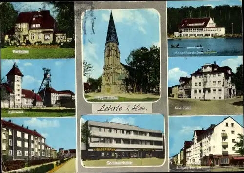 Ak Lehrte in Niedersachsen, Ev. Kirche, Parkhaus, Kaliwerk, Commerzbank, Hohenhorst See, Sedanstr.