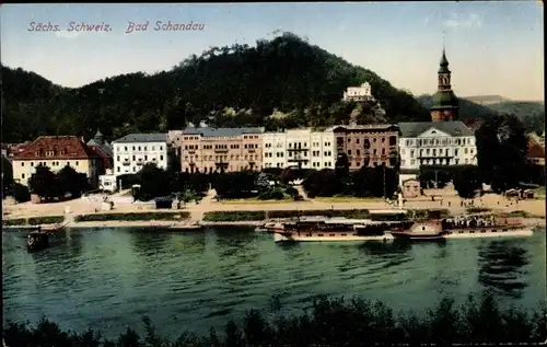 Ak Bad Schandau Sächsische Schweiz, Teilansicht, Salondampfer