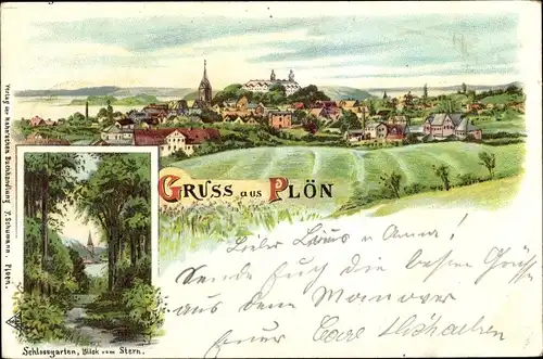 Litho Plön in Schleswig Holstein, Schlossgarten, Blick vom Stern, Totalansicht