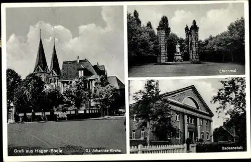 Ak Boele Hagen in Westfalen Ruhrgebiet, Badeanstalt, Ehrenmal, St. Johannes Kirche