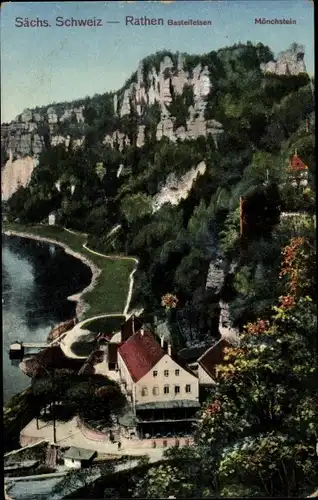 Ak Rathen an der Elbe Sächsische Schweiz, Basteifelsen, Mönchstein, Panorama vom Ort