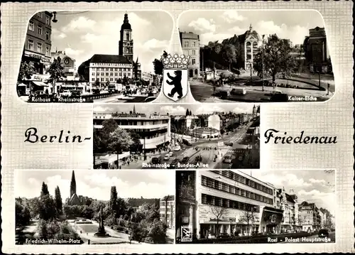 Ak Berlin Schöneberg Friedenau, Rathaus, Kaiser Eiche, Rheinstraße, Bundesallee, Roxi Palast, Wappen