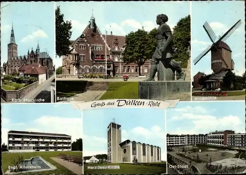 Ak Dülken Viersen Nordrhein Westfalen, Windmühle, Herz Jesu Kirche, Altersheim, Pfarrkirche, Rathaus