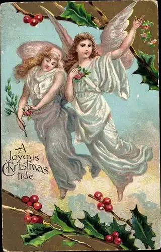 Präge Litho Glückwunsch Weihnachten, Zwei Engel, Stechpalmenzweige