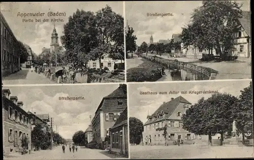 Ak Appenweier in Baden Schwarzwald, Gasthaus zum Adler, Kirche, Kriegsverpflegungsanstalt, Straße