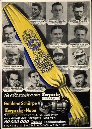 Ak Torpedo Freilaufnabe der Fichtel & Sachs AG Schweinfurt, Radrennfahrer, Etappenfahrt 1949