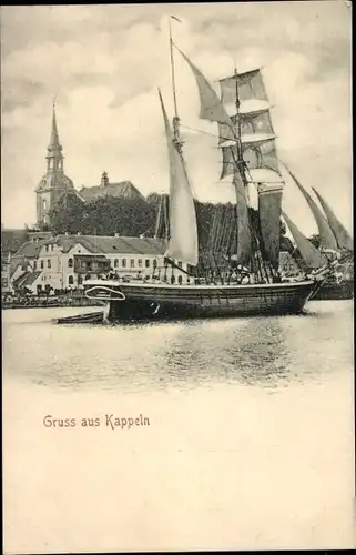 Ak Kappeln an der Schlei, Segelschiff, Blick auf den Ort, Kirche