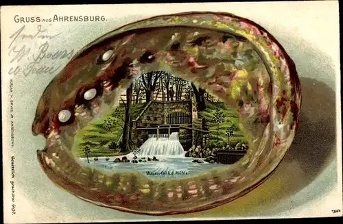 Muschel Litho Ahrensburg bei Hamburg, Wasserfall bei der Mühle