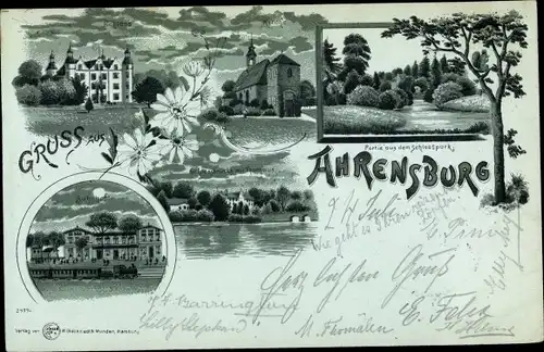 Mondschein Litho Ahrensburg bei Hamburg, Schlosspark, Kirche, Bahnhof