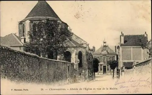 Ak Chennevières-sur-Marne Val de Marne, Abside de l'Eglise et vue de la Mairie