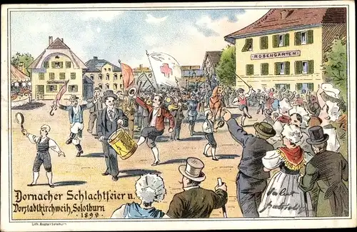 Ak Solothurn Stadt Schweiz, Fahne, Dornacher Schlachtfeier, Vorstadtkirchweih 1899, Instrument
