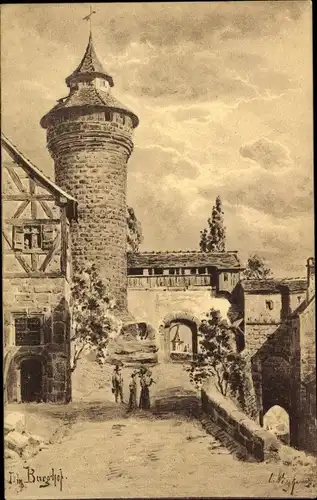 Künstler Ak Wiegk, Nürnberg in Mittelfranken Bayern, Burghof, Vestnerturm mit tiefem Brunnen