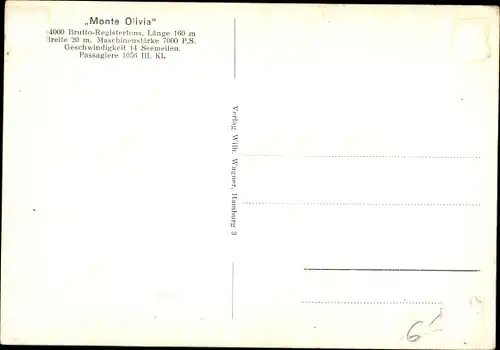 Ak Hamburg, Dampfschiff Monte Olivia, HSDG