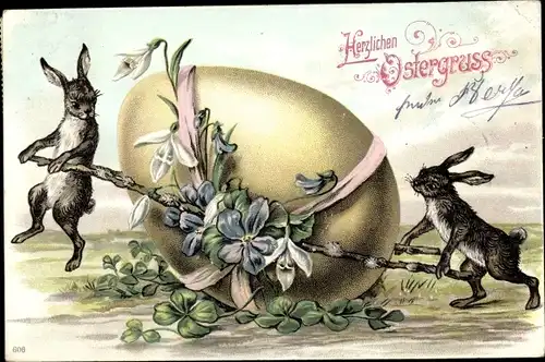 Präge Litho Glückwunsch Ostern, Zwei Osterhasen tragen ein Osterei, Kleeblätter