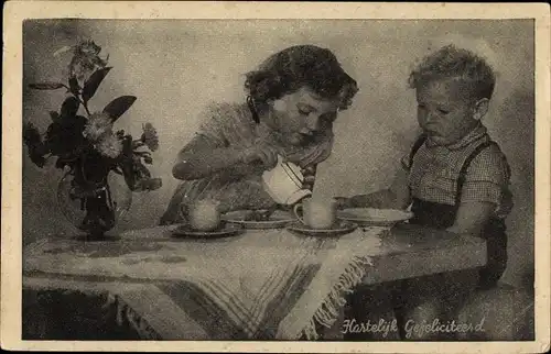 Ak Glückwunsch Geburtstag, Junge, Mädchen, Kaffeetafel, Blumenstrauß