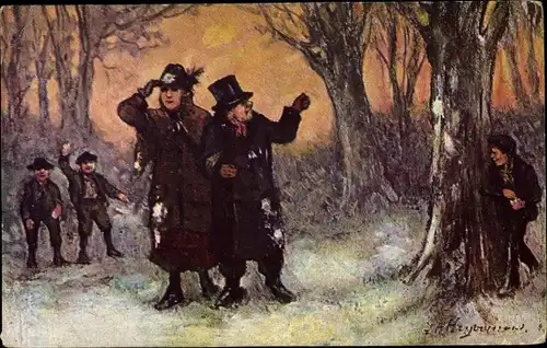 Künstler Ak Kinder spielen einem Paar einen Streich, Winterpartie