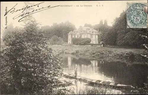 Ak Gournay sur Marne Seine Saint Denis, Le Château, vu du bord de la rivière, barques