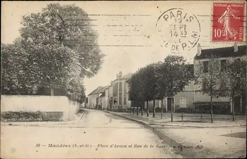 Ak Mandres Val de Marne, Place d'Armes et Rue de la Gare