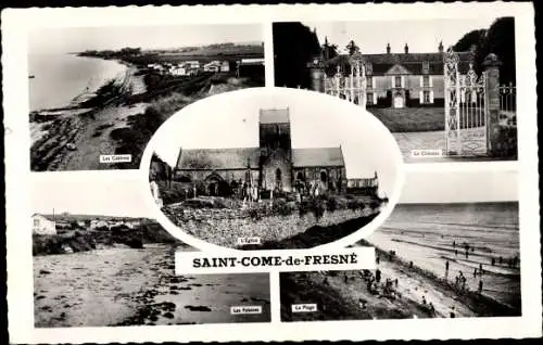 Ak Saint Côme de Fresné Calvados, L'Eglise, La Plage, Le Chateau, Les Cabines, Les Falaises