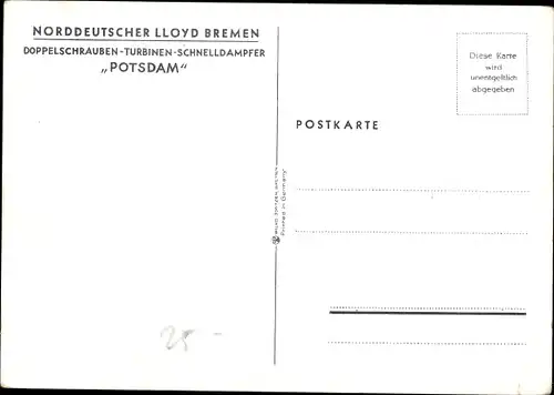 Künstler Ak Schmidt, R., Doppelschrauben Turbinen Schnelldampfer Potsdam