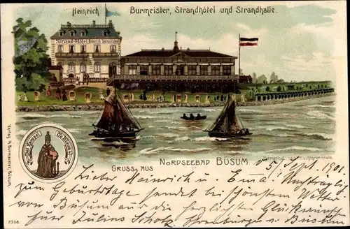 Litho Nordseebad Büsum, Strandhotel und Strandhalle, Heinrich Burmeister