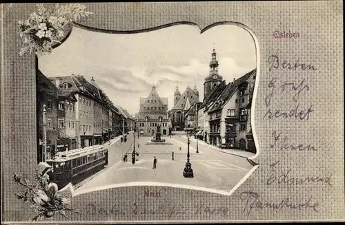 Passepartout Ak Lutherstadt Eisleben, Markt, Rathaus, Straßenbahn