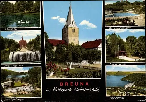 Ak Breuna Hessen, Kirche, Schlossteich, Edersee, Sauerbrunnen, Schwimmbad