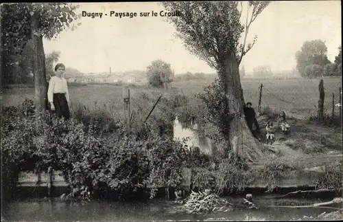 Ak Dugny Seine Saint Denis, Paysage sur le Croult, femmes et filles