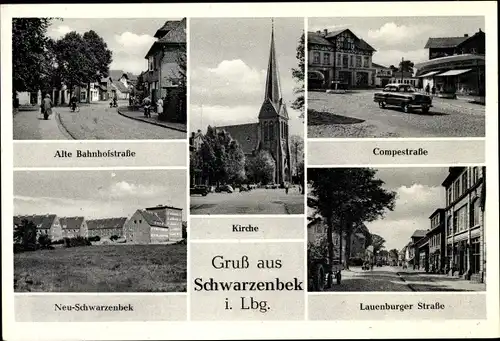 Ak Schwarzenbek im Lauenburg, Kirche, Compestraße, Alte Bahnhofstraße, Lauenburger Straße