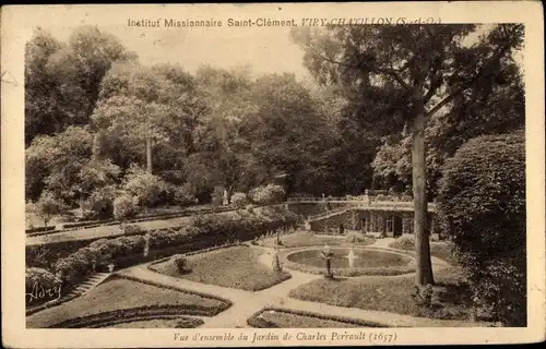 Ak Viry Chatillon Essonne, Vue d'ensemble du Jardin de Charles Perrault