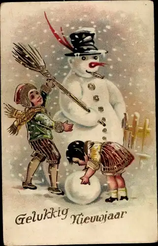 Präge Litho Glückwunsch Neujahr, Kinder bauen einen Schneemann