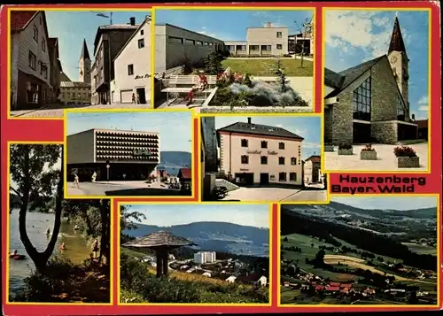 Ak Hauzenberg im Bayerischen Wald, Teilansichten, Panorama, Gasthof, Badesee, Kirche, Straßenpartie