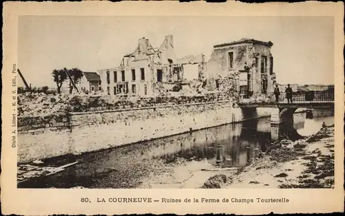 Ak La Courneuve Seine Saint Denis, Ruines de la Ferme de Champs Tourterelle, rivière, pont