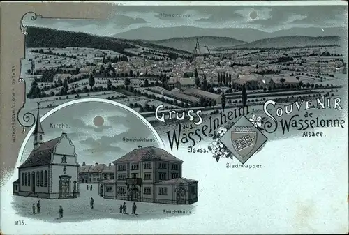 Mondschein Litho Wasselonne Wasselnheim Elsaß Lothringen Bas Rhin, Stadtwappen, Kirche, Fruchthalle