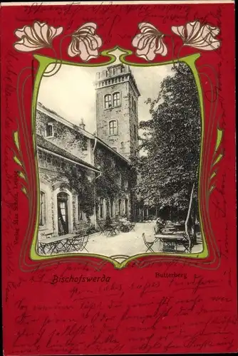Passepartout Jugendstil Ak Butterberg Bischofswerda in Sachsen, Gasthaus mit Turm