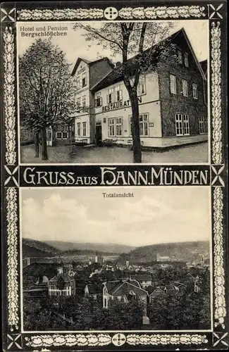 Ak Hann Münden in Niedersachsen, Hotel Bergschlösschen, Totalansicht von Ort