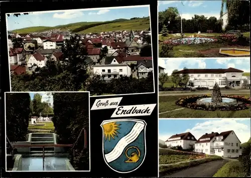 Ak Bad Endbach in Mittelhessen, Teilansichten, Brunnen, Straßenpartie, Wappen