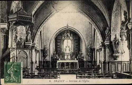 Ak Drancy Seine Saint Denis, Eglise, Intérieur, autel, statues