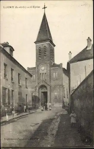 Ak Livry Gargan Seine Saint Denis, Eglise, rue, enfant